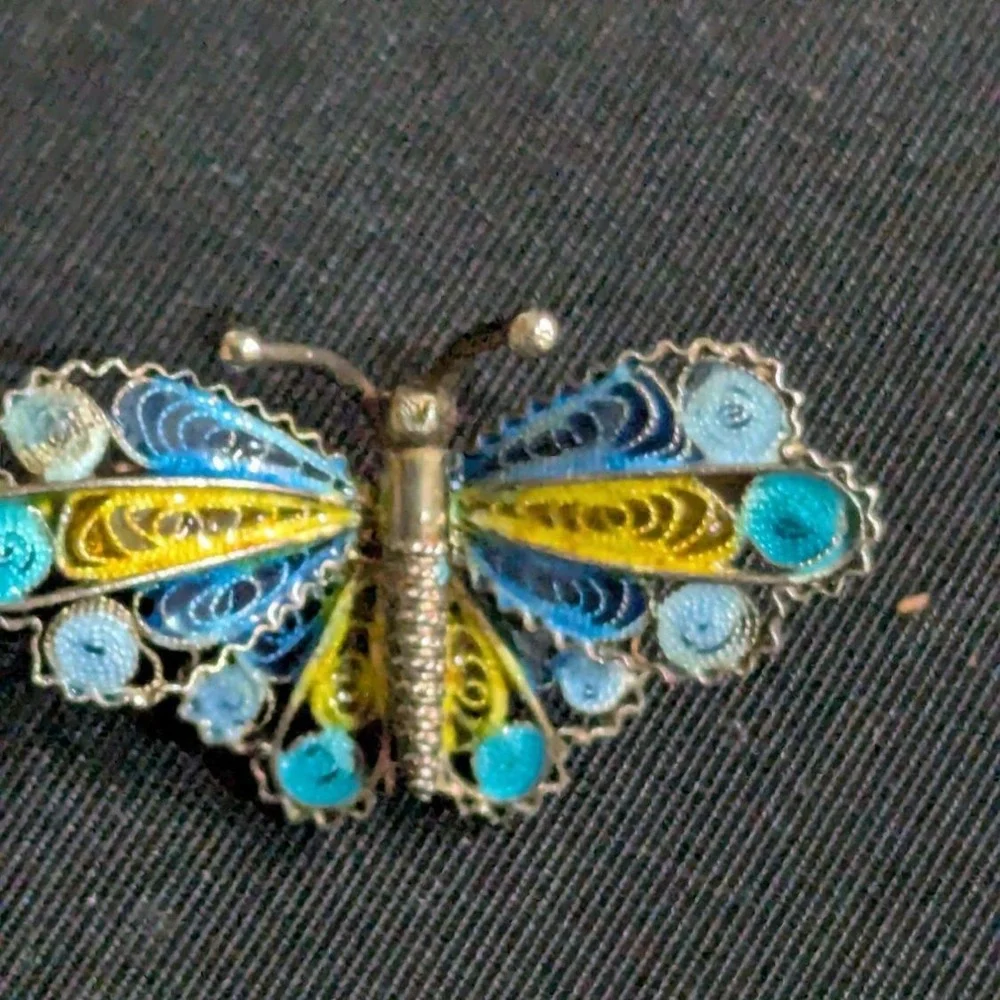 Vintage Enamel Filigree‎ Butterfly Brooch Pin Blue Yellow Silver Tone 1 Inch